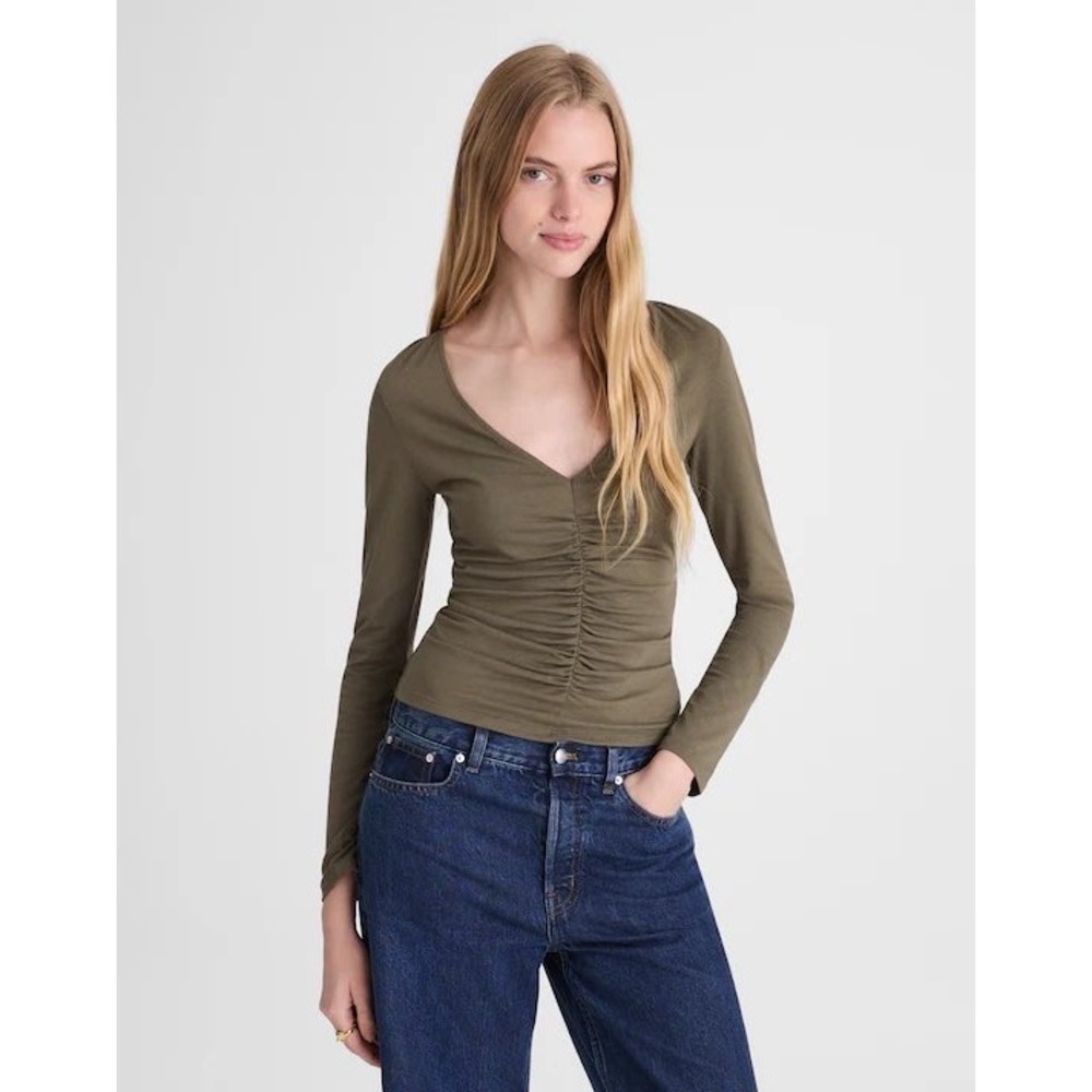Madewell Shirred V-Neck Long-Sleeve Top Olive Drab Green NY534 XXS NEW